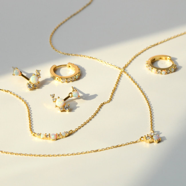 Opal & Cubic Crescent Necklace - Gold